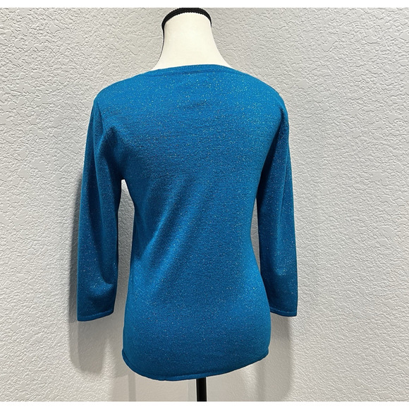 Vtg Cache Y2K Scoop Neck Women’s Med Blouse Blue Metallic Shimmer Holiday Top - Picture 3 of 8